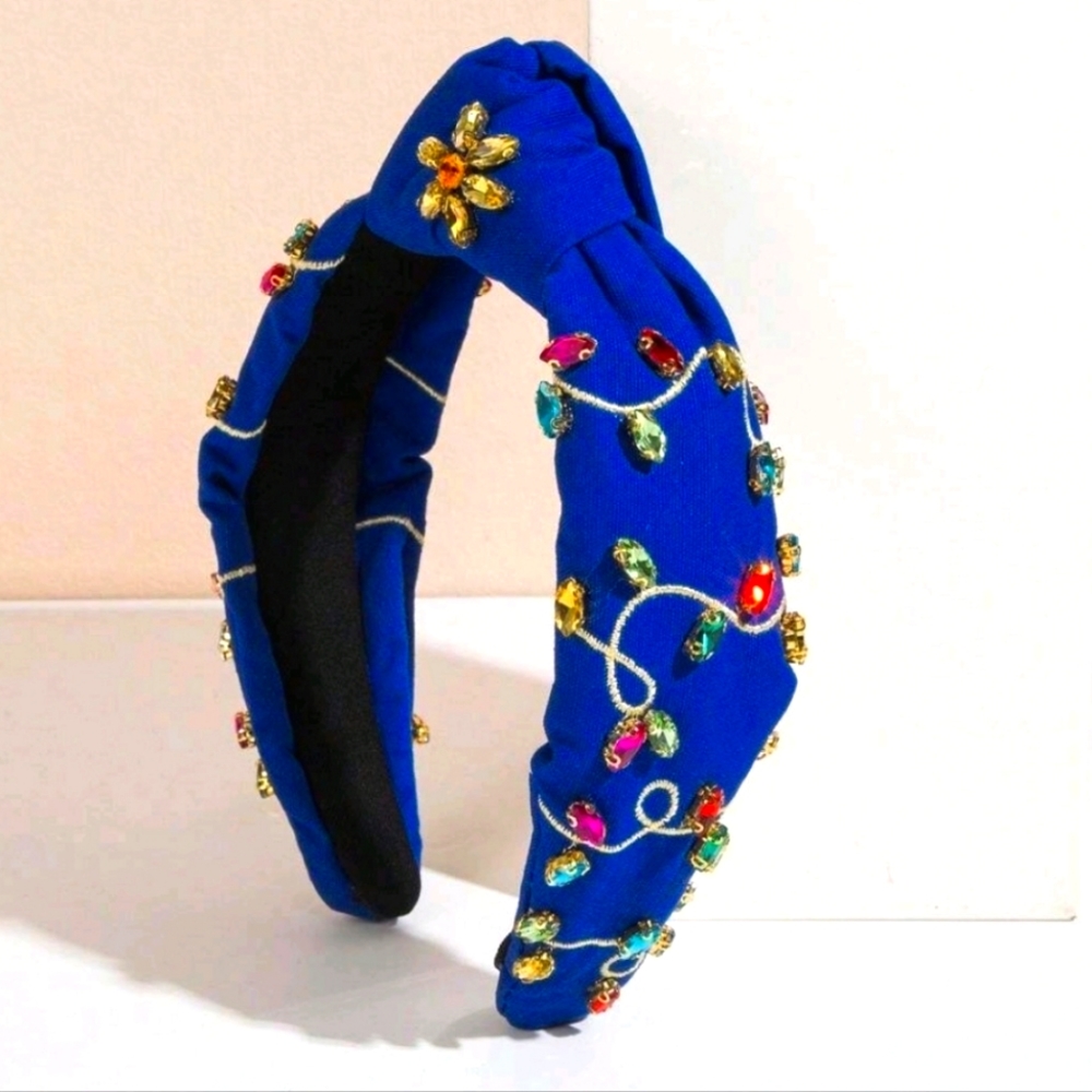 Blue knot headband embroidered with stones with Christmas lights motif